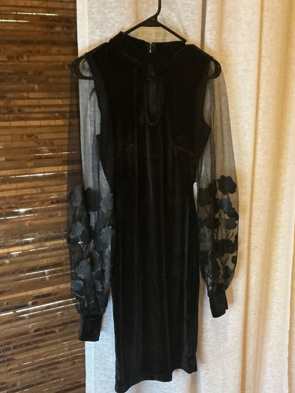 VENUS Black Velvet Dress with Sheer Floral Sleeves
